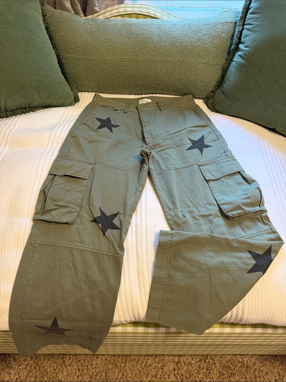 pistola Olive Green Straight-Leg Cargo Pants with Black Star Print